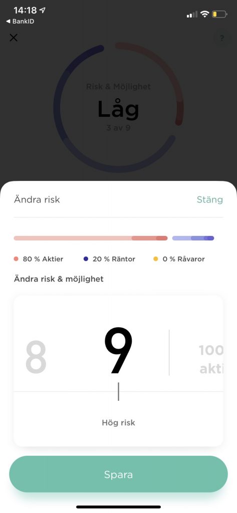 bilden visar hur du ändrar risk i Optis app. På bilden så är det Opti 9 vilken innebär 80 % aktier och som är den högsta risken.